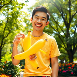 A whimsical scene featuring a man playfully holding a bright yellow banana, standing outdoors in a sunny park