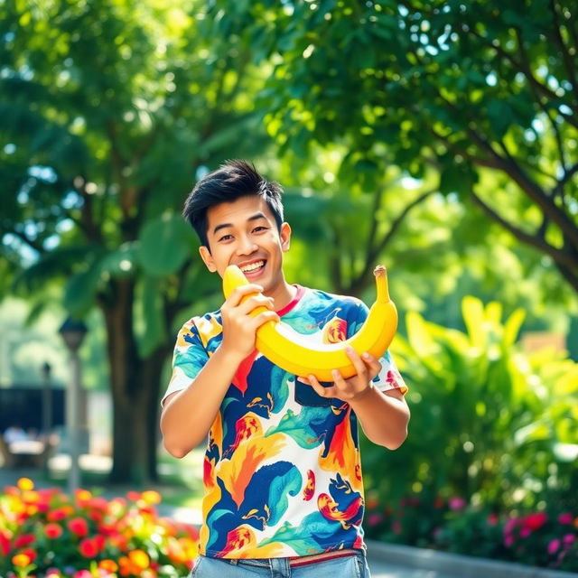 A whimsical scene featuring a man playfully holding a bright yellow banana, standing outdoors in a sunny park