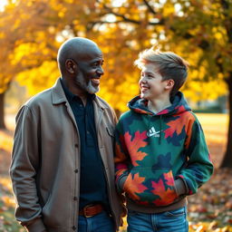 An intimate portrait of a 50-year-old black man with a wise and warm expression, dressed in a casual outfit, standing in a sunlit park filled with vibrant autumn leaves