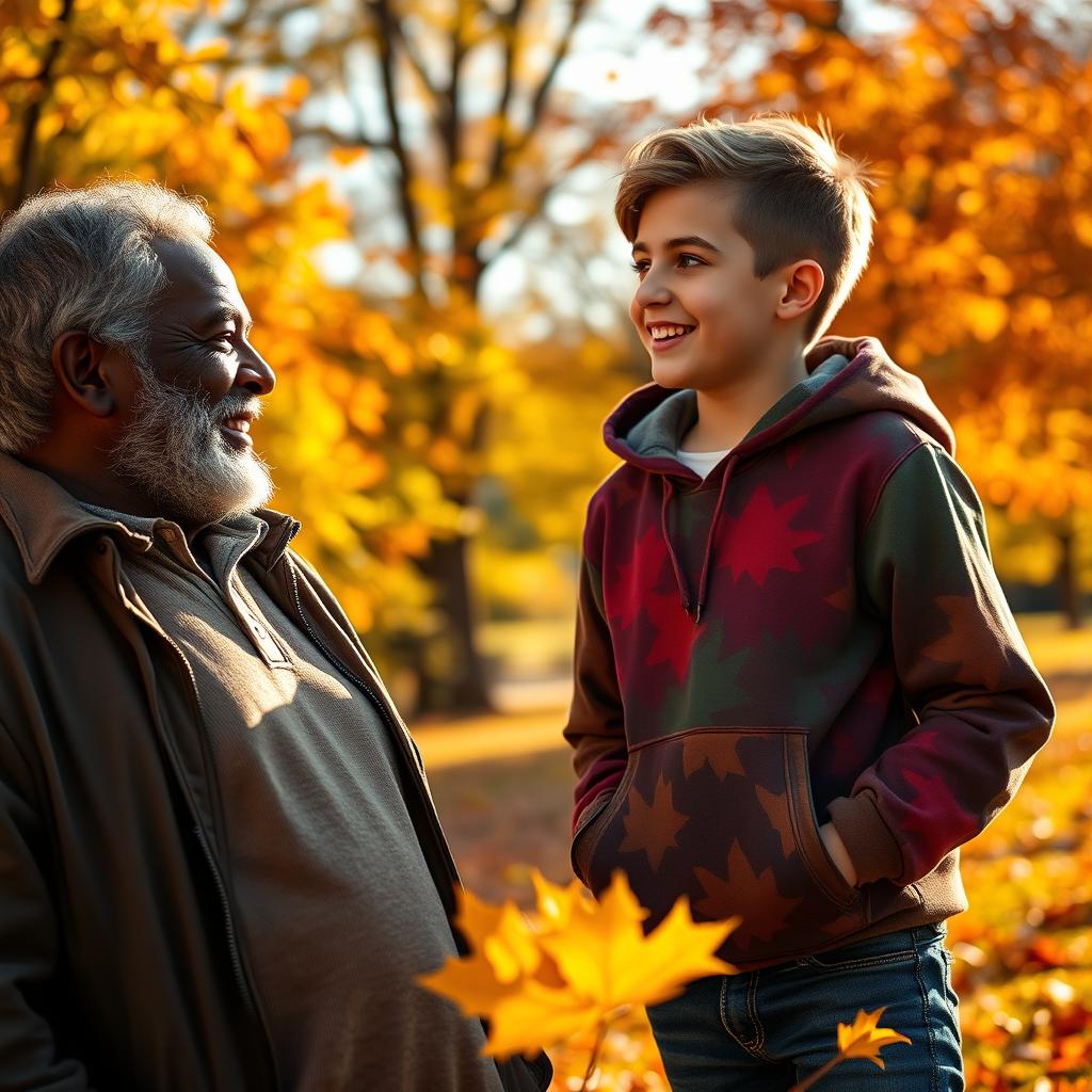 An intimate portrait of a 50-year-old black man with a wise and warm expression, dressed in a casual outfit, standing in a sunlit park filled with vibrant autumn leaves