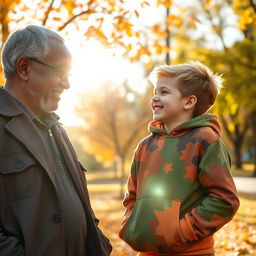 An intimate portrait of a 50-year-old black man with a wise and warm expression, dressed in a casual outfit, standing in a sunlit park filled with vibrant autumn leaves