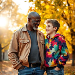 An intimate portrait of a 50-year-old black man with a wise and warm expression, dressed in a casual outfit, standing in a sunlit park filled with vibrant autumn leaves