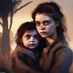 A high-quality digital art image portrays an 18-year-old girl, the daughter of Bela Talbot, in a pre-apocalypse setting, lovingly holding a toddler