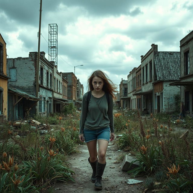 An abandoned town characterized by decaying buildings and crumbling infrastructure, where a teenage woman wanders through the desolation