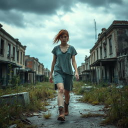 An abandoned town characterized by decaying buildings and crumbling infrastructure, where a teenage woman wanders through the desolation