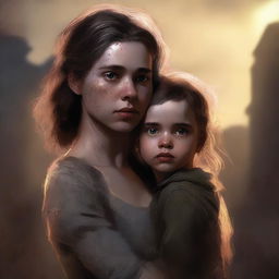 A high-quality digital art image portrays an 18-year-old girl, the daughter of Bela Talbot, in a pre-apocalypse setting, lovingly holding a toddler