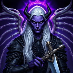 A striking male Drow paladin characterized by his vibrant purple skin and intense black eyes
