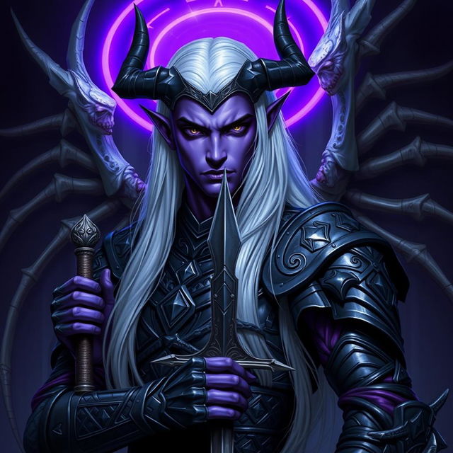 A striking male Drow paladin characterized by his vibrant purple skin and intense black eyes