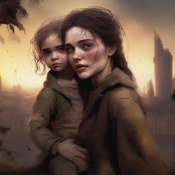 A high-quality digital art image portrays an 18-year-old girl, the daughter of Bela Talbot, in a pre-apocalypse setting, lovingly holding a toddler