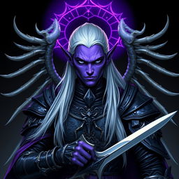 A striking male Drow paladin characterized by his vibrant purple skin and intense black eyes