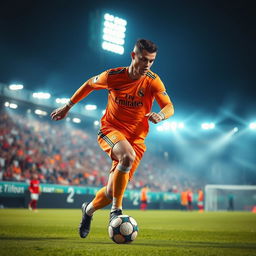 A dramatic moment of Cristiano Ronaldo playing against Al-Ittihad, showcasing his athletic prowess on the football field