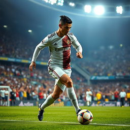A dramatic moment of Cristiano Ronaldo playing against Al-Ittihad, showcasing his athletic prowess on the football field