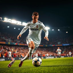 A dramatic moment of Cristiano Ronaldo playing against Al-Ittihad, showcasing his athletic prowess on the football field