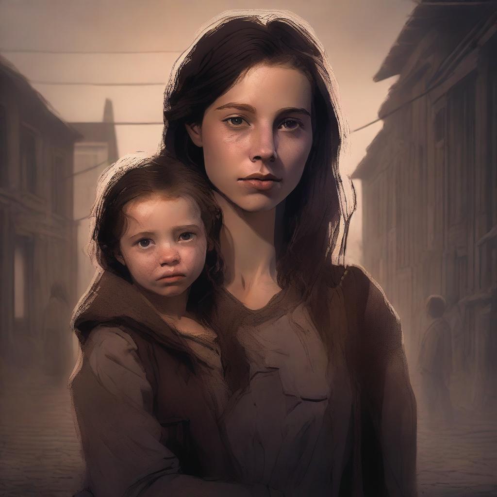 A high-quality digital art image portrays an 18-year-old girl, the daughter of Bela Talbot, in a pre-apocalypse setting, lovingly holding a toddler