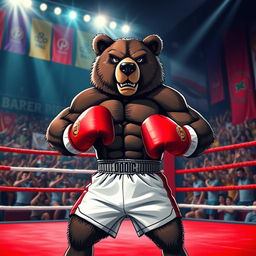 A powerful and pumped-up bear wearing boxing gloves and shorts, standing confidently in a boxing ring