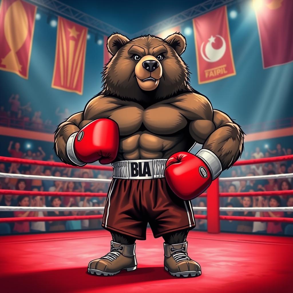 A powerful and pumped-up bear wearing boxing gloves and shorts, standing confidently in a boxing ring
