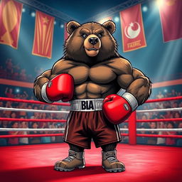 A powerful and pumped-up bear wearing boxing gloves and shorts, standing confidently in a boxing ring