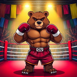 A powerful and pumped-up bear wearing boxing gloves and shorts, standing confidently in a boxing ring