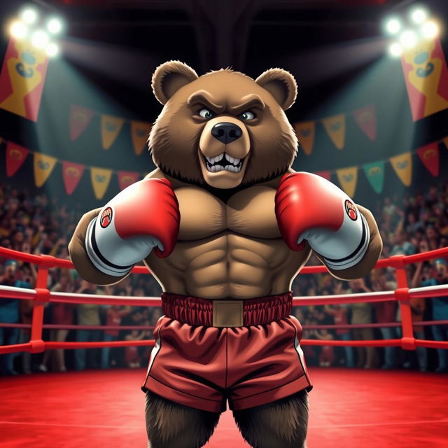 A powerful and pumped-up bear wearing boxing gloves and shorts, standing confidently in a boxing ring