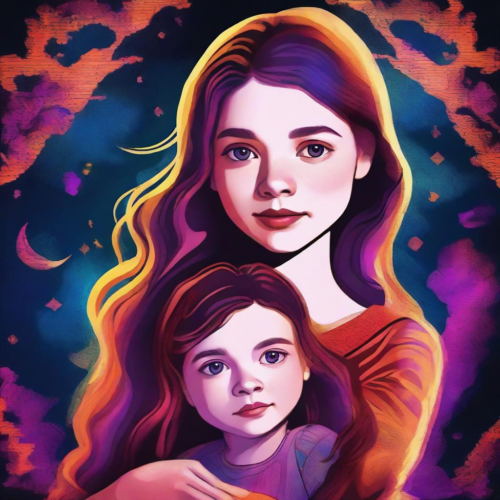 A colourful digital art image portrays an 18-year-old girl, the daughter of Bela Talbot, lovingly holding a toddler