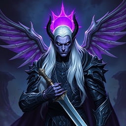 A powerful male Drow paladin featuring vibrant purple skin and piercing black eyes, with long, flowing white hair that falls elegantly around his shoulders