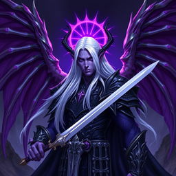 A powerful male Drow paladin featuring vibrant purple skin and piercing black eyes, with long, flowing white hair that falls elegantly around his shoulders