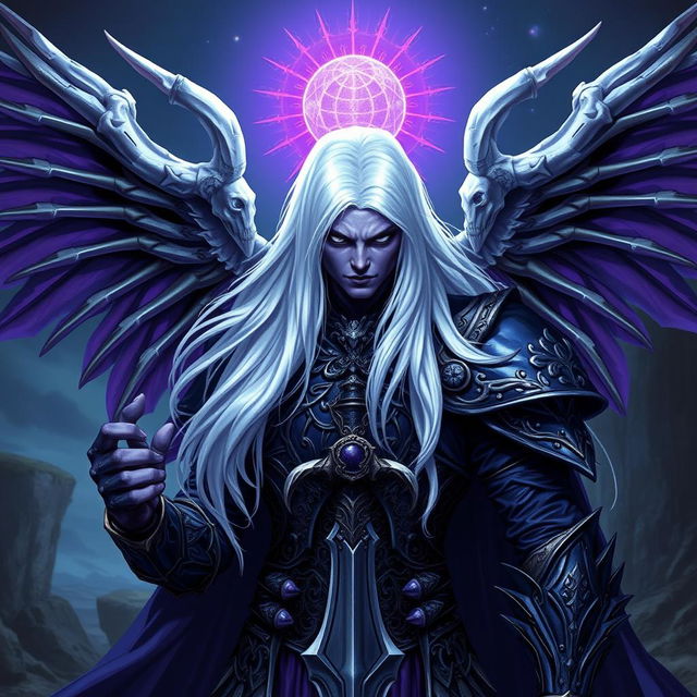 A powerful male Drow paladin featuring vibrant purple skin and piercing black eyes, with long, flowing white hair that falls elegantly around his shoulders