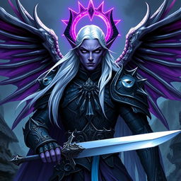 A powerful male Drow paladin featuring vibrant purple skin and piercing black eyes, with long, flowing white hair that falls elegantly around his shoulders