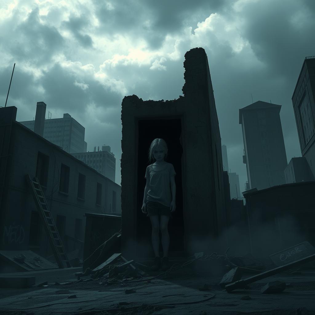 A gloomy, apocalyptic cityscape characterized by crumbling buildings and desolation