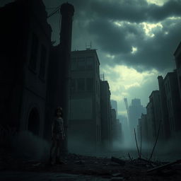 A gloomy, apocalyptic cityscape characterized by crumbling buildings and desolation