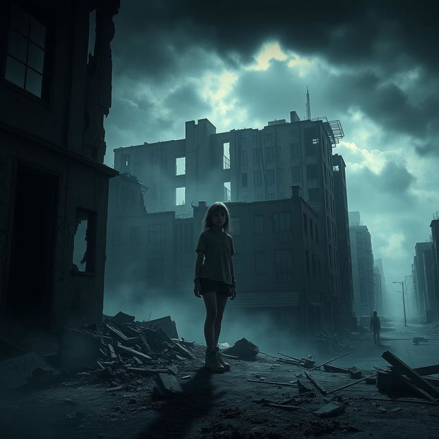 A gloomy, apocalyptic cityscape characterized by crumbling buildings and desolation