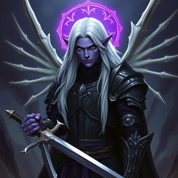 A formidable male Drow paladin with striking purple skin and piercing black eyes, complemented by long, flowing white hair