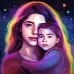 A colourful digital art image portrays an 18-year-old girl, the daughter of Bela Talbot, lovingly holding a toddler