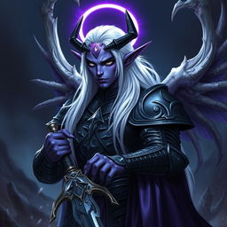 A formidable male Drow paladin with striking purple skin and piercing black eyes, complemented by long, flowing white hair