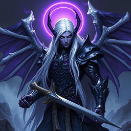 A formidable male Drow paladin with striking purple skin and piercing black eyes, complemented by long, flowing white hair