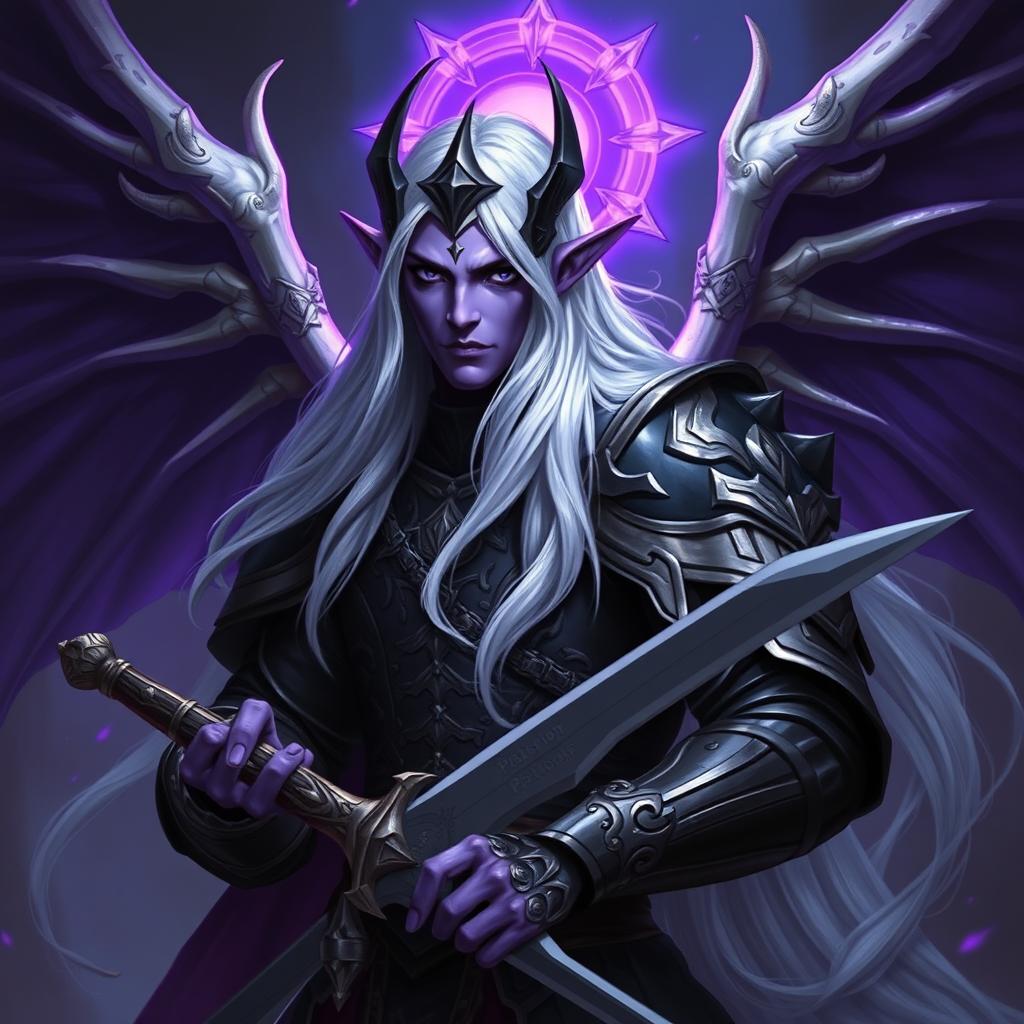 A captivating male Drow paladin with vibrant purple skin and intense black eyes, complemented by long, flowing white hair