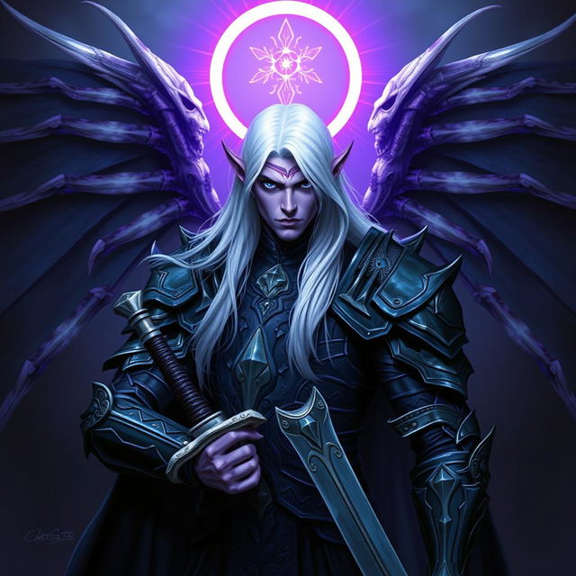 A captivating male Drow paladin with vibrant purple skin and intense black eyes, complemented by long, flowing white hair