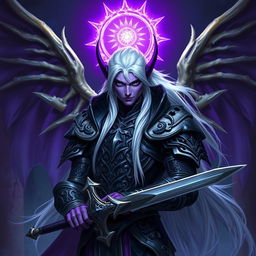 A captivating male Drow paladin with vibrant purple skin and intense black eyes, complemented by long, flowing white hair
