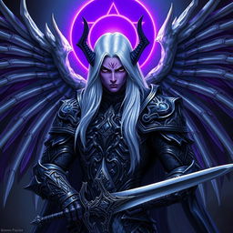A captivating male Drow paladin with vibrant purple skin and intense black eyes, complemented by long, flowing white hair