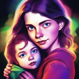 A colourful digital art image portrays an 18-year-old girl, the daughter of Bela Talbot, lovingly holding a toddler