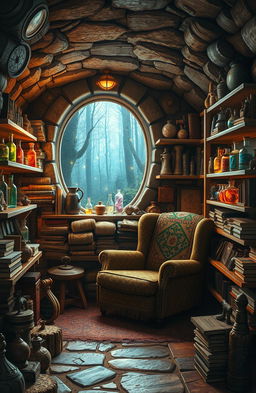 An imaginative and whimsical interpretation of a 'grandma's dungeon core of curiosities', featuring a cozy underground room filled with quirky and mystical artifacts