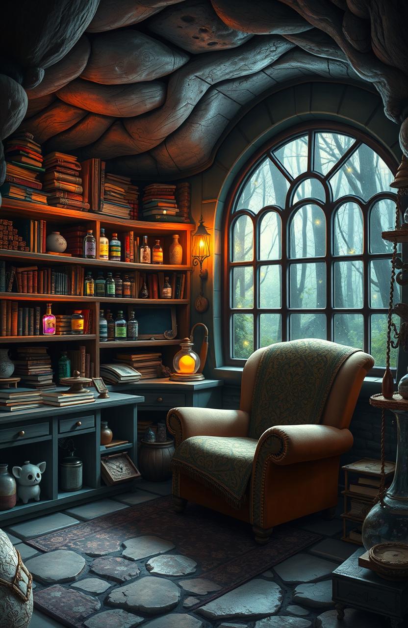 An imaginative and whimsical interpretation of a 'grandma's dungeon core of curiosities', featuring a cozy underground room filled with quirky and mystical artifacts