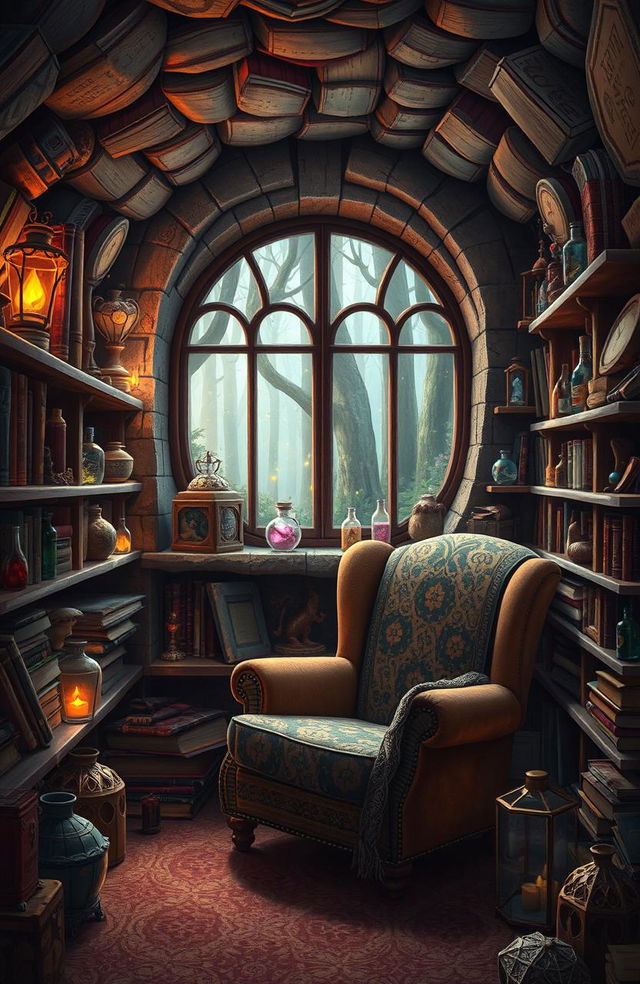 An imaginative and whimsical interpretation of a 'grandma's dungeon core of curiosities', featuring a cozy underground room filled with quirky and mystical artifacts