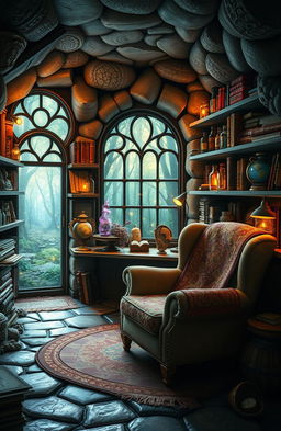An imaginative and whimsical interpretation of a 'grandma's dungeon core of curiosities', featuring a cozy underground room filled with quirky and mystical artifacts