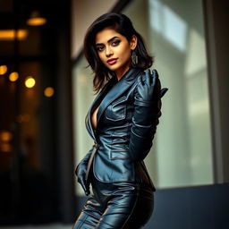 A stunning Indian girl confidently posing in an elegant black leather suit