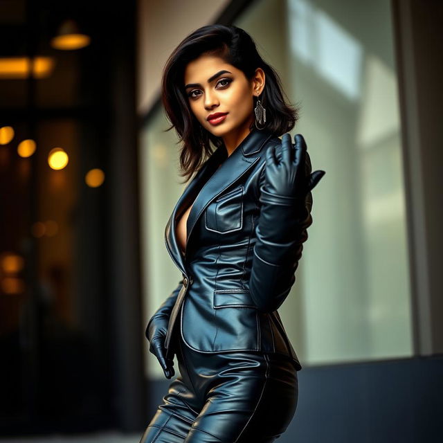 A stunning Indian girl confidently posing in an elegant black leather suit