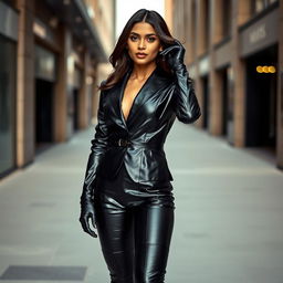 A stunning Indian girl confidently posing in an elegant black leather suit