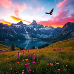 A stunning image of a majestic mountain landscape during sunrise, with vibrant colors illuminating the sky in shades of orange and pink