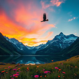 A stunning image of a majestic mountain landscape during sunrise, with vibrant colors illuminating the sky in shades of orange and pink