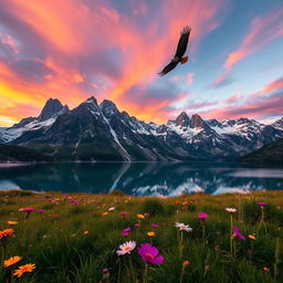 A stunning image of a majestic mountain landscape during sunrise, with vibrant colors illuminating the sky in shades of orange and pink